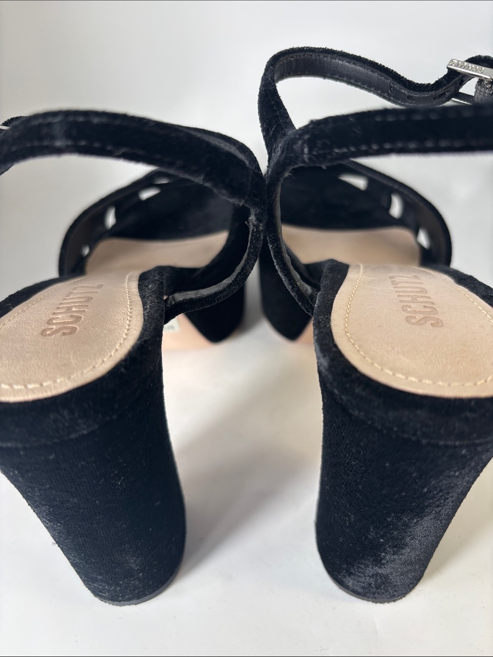 SCHUTZ Keefa Black Velvet Platform Ankle-Strap Heeled Sandals 7.5 - Picture 8 of 10